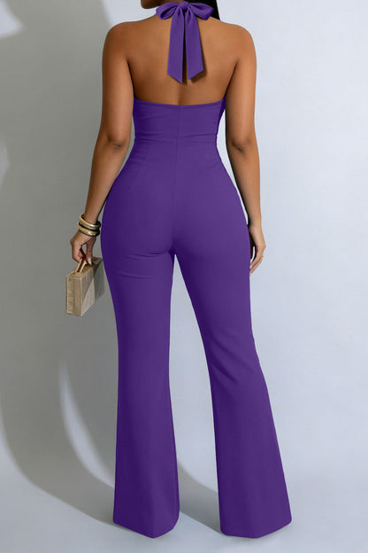 Halter Keyhole Button-Front Flared Jumpsuit Lavish Daily