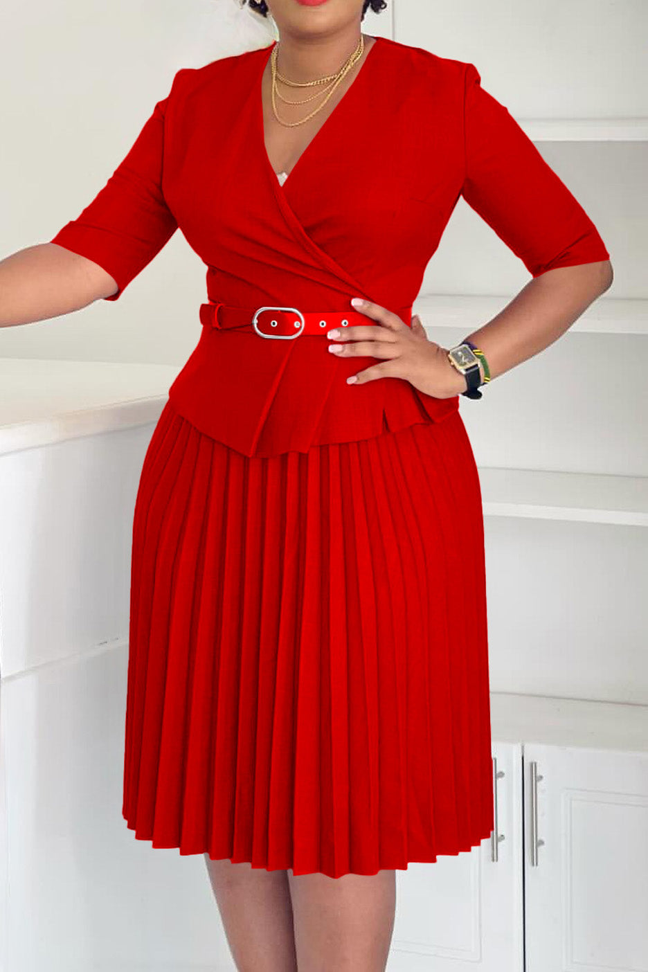 Elegant V-Neck Pleated Dress Lavish Daily