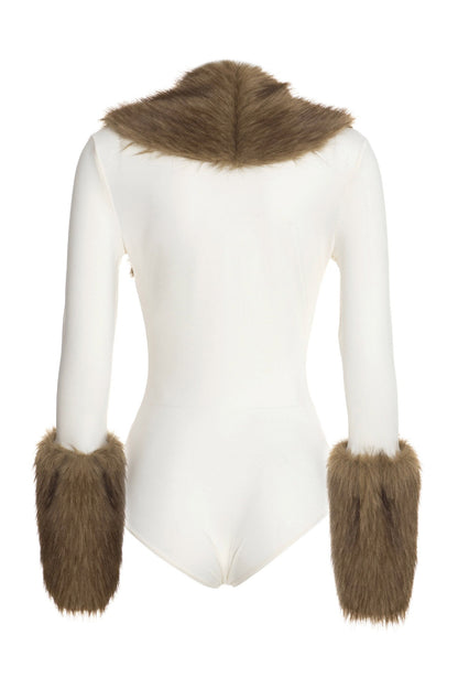 Plush-Trim Deep V Long-Sleeve Bodysuit Lavish Daily