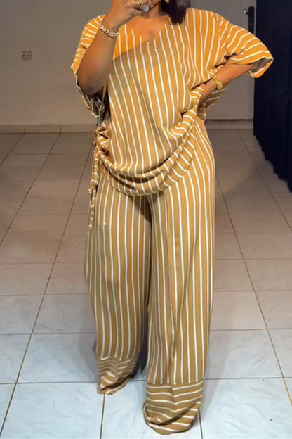 Striped Half Sleeve Top & Wide Leg Pants Set Lavish Daily