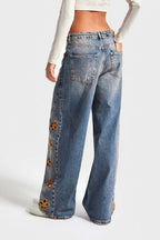 Wide Leg Floral Embroidered Denim Jeans Lavish Daily