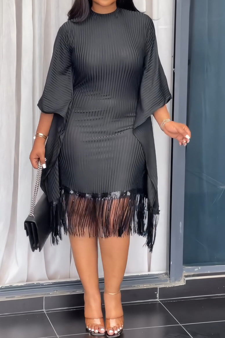 Sequin Fringe Batwing Sleeve Bodycon Dress Lavish Daily