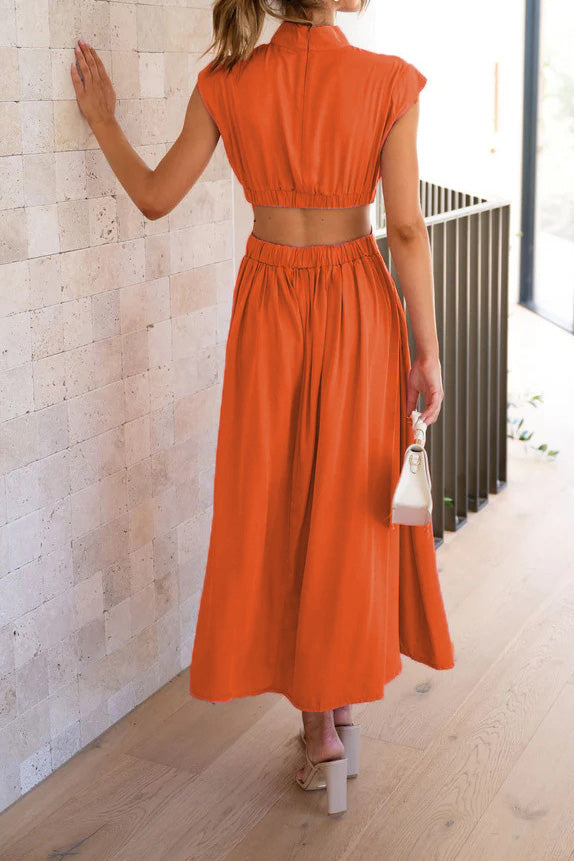 Mock Neck Cut Out Pleated Maxi Dress Lavish Daily