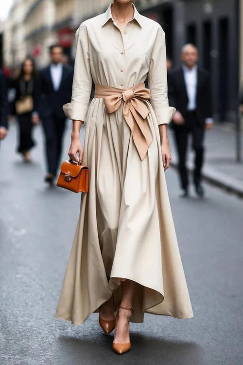 Button Up Bow Waist Long Sleeve Maxi Dress Lavish Daily
