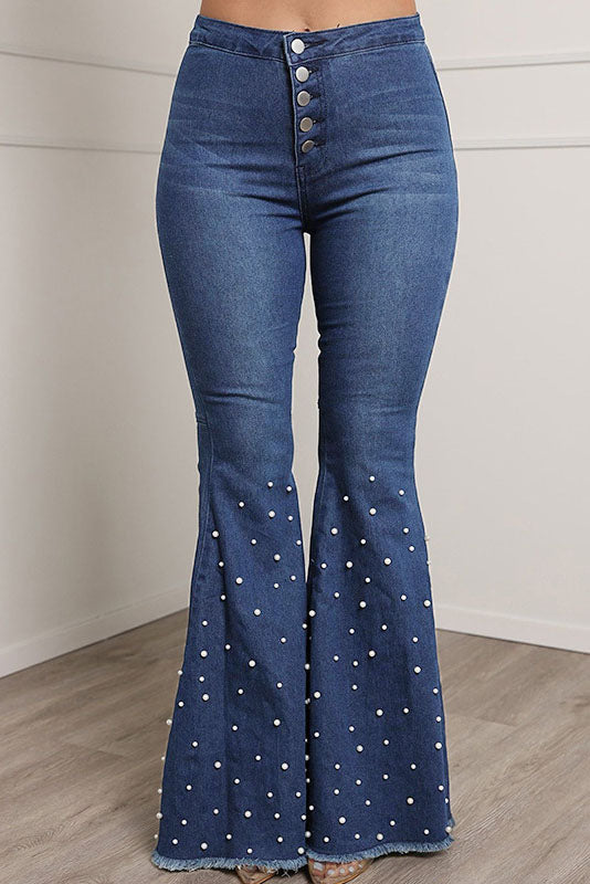 Pearl Decor Buttons Denim Flare Leg Jeans Lavish Daily