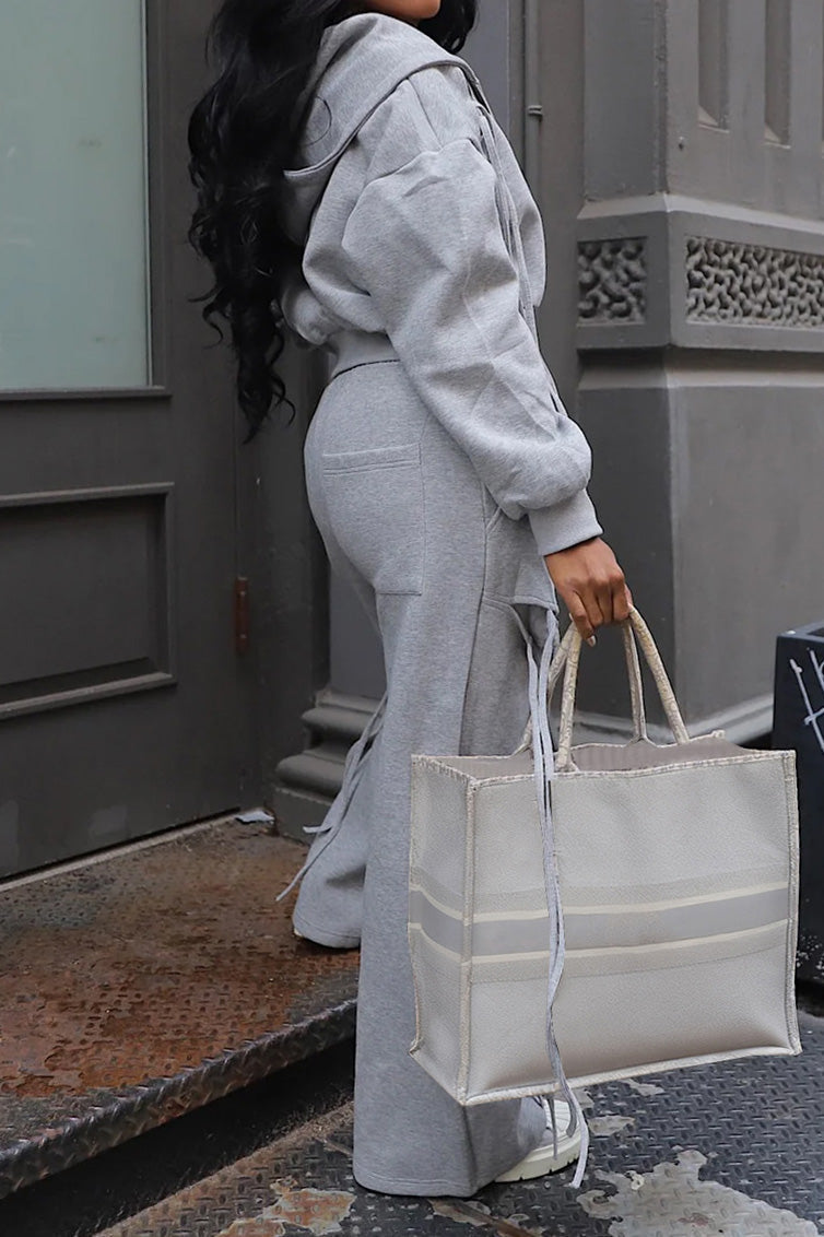 Hooded Zip-Up Sweatshirt & Distressed Wide-Leg Pants Set Lavish Daily