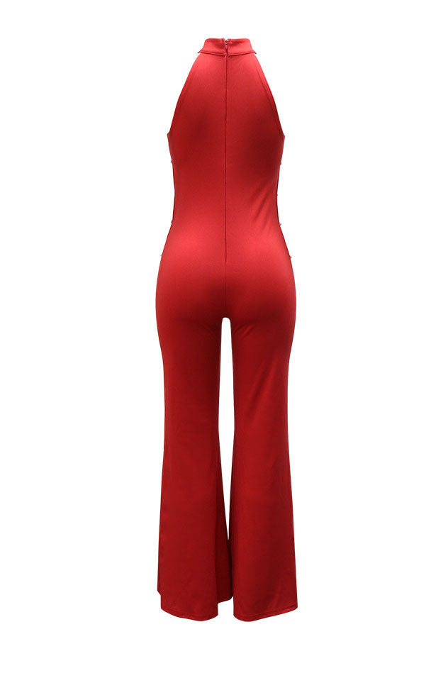 Halter Rhinestone Chain Cutout Flared Jumpsuit Lavish Daily