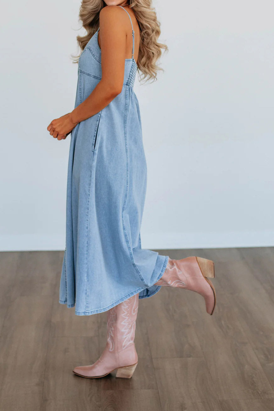 Loose Denim Strap Dress Lavish Daily