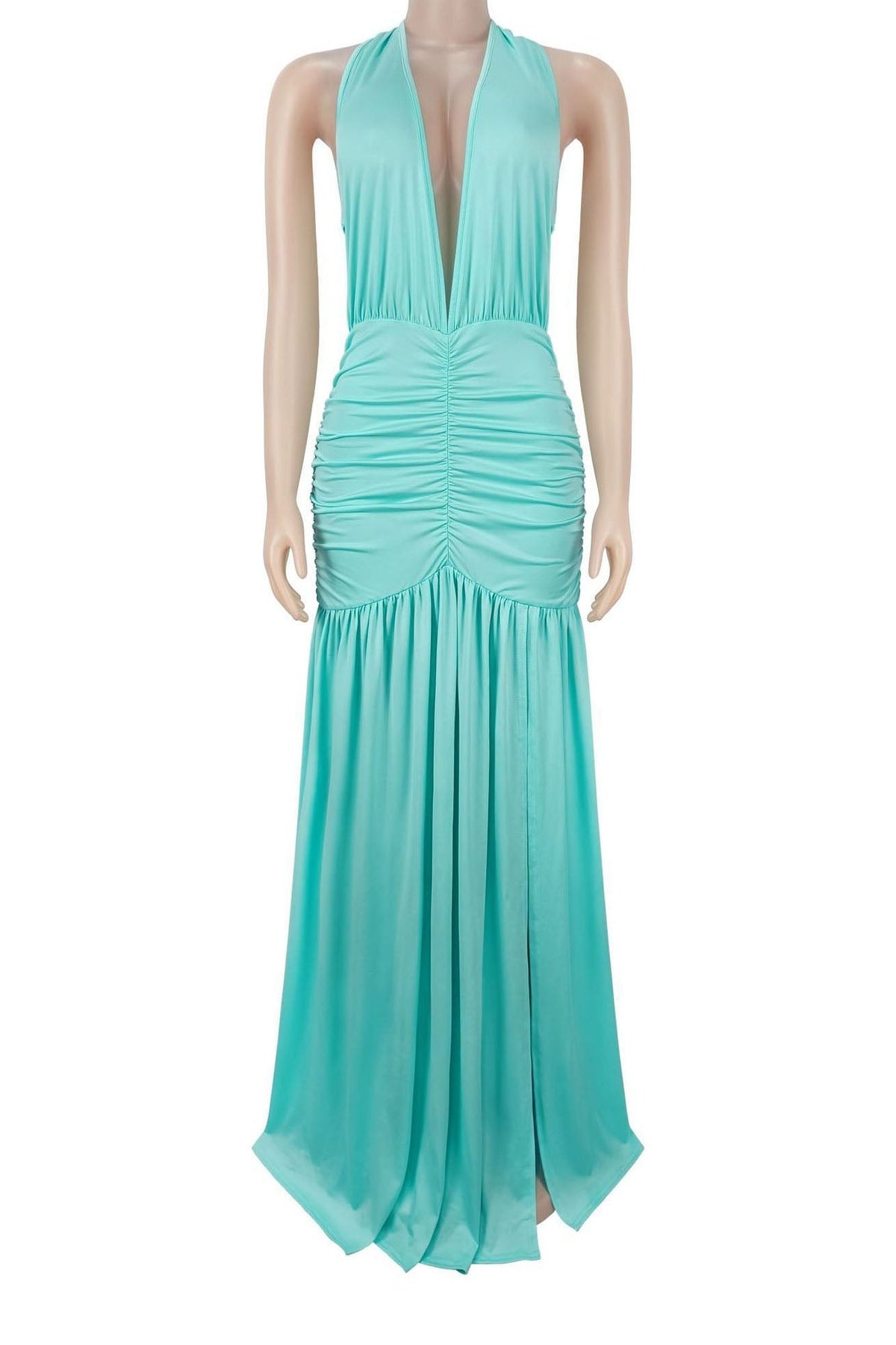 Plunging Halter Ruched High Slit Maxi Dress Lavish Daily