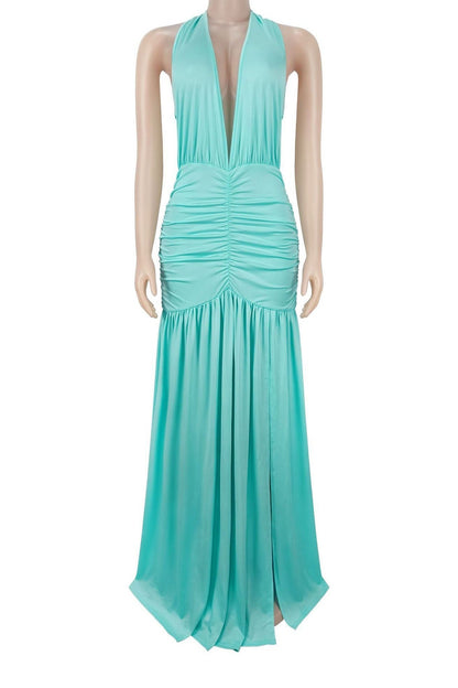 Plunging Halter Ruched High Slit Maxi Dress Lavish Daily