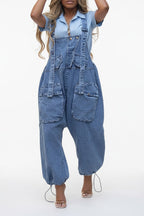 Denim Drawstring Wide Leg Overall Jumpsuit LavishDaily