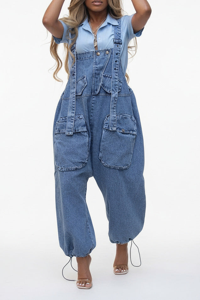 Denim Drawstring Wide Leg Overall Jumpsuit LavishDaily