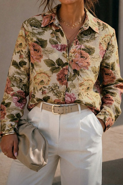 Floral Jacquard Zip-Front Collared Jacket Lavish Daily