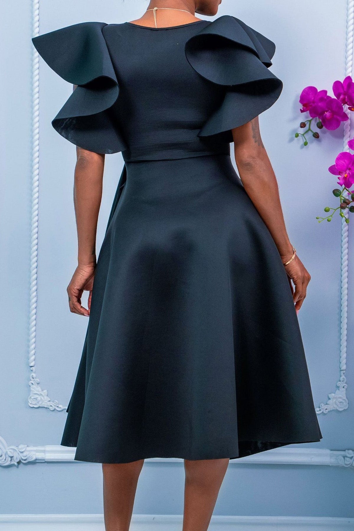 Elegant Ruffle Sleeve Belted Midi Dress Lavish Daily