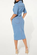 Stretch Buttoned Denim Bodycon Midi Dress Lavish Daily