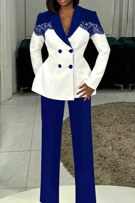Lace Panel Slim Fit Blazer & Pants Set Lavish Daily