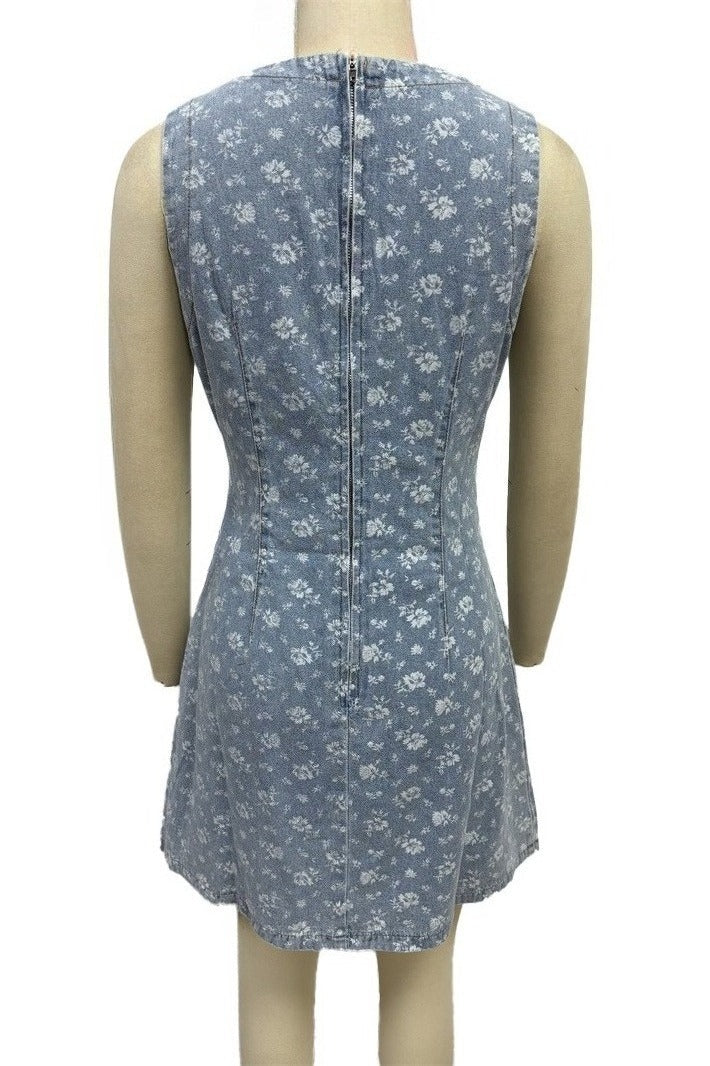 Vintage Floral Denim A-Line Mini Dress LavishDaily