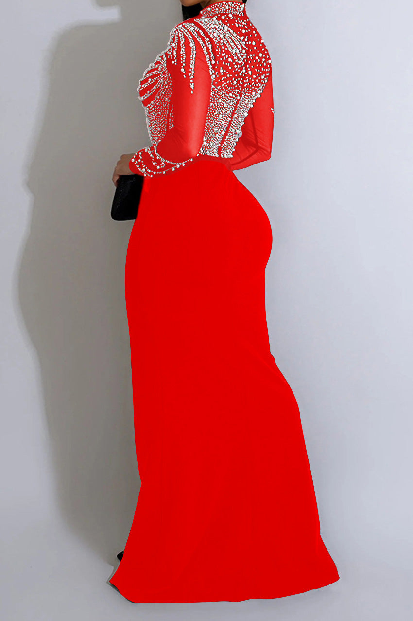 Rhinestone Mesh High Slit Maxi Dress Lavish Daily