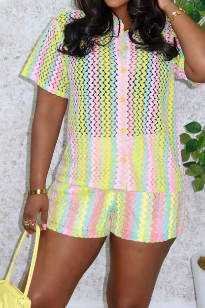 Crochet Chevron Short Sleeve Button-Down & Shorts Set Lavish Daily