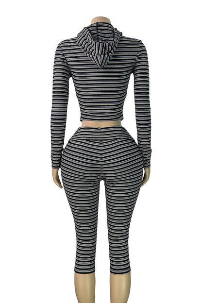 Striped Zip Hoodie & Foldover Capri Pants Set Lavish Daily