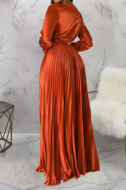 Faux Silk Pleated Tie-Waist Maxi Dress Lavish Daily