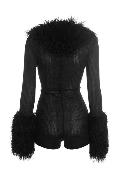 Plush-Trim Zip-Front Long-Sleeve Romper Lavish Daily