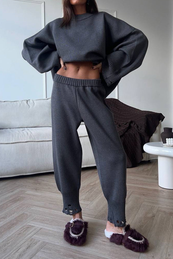 Distressed Knit Pants & Crew Neck Sweater Set Lavish Daily