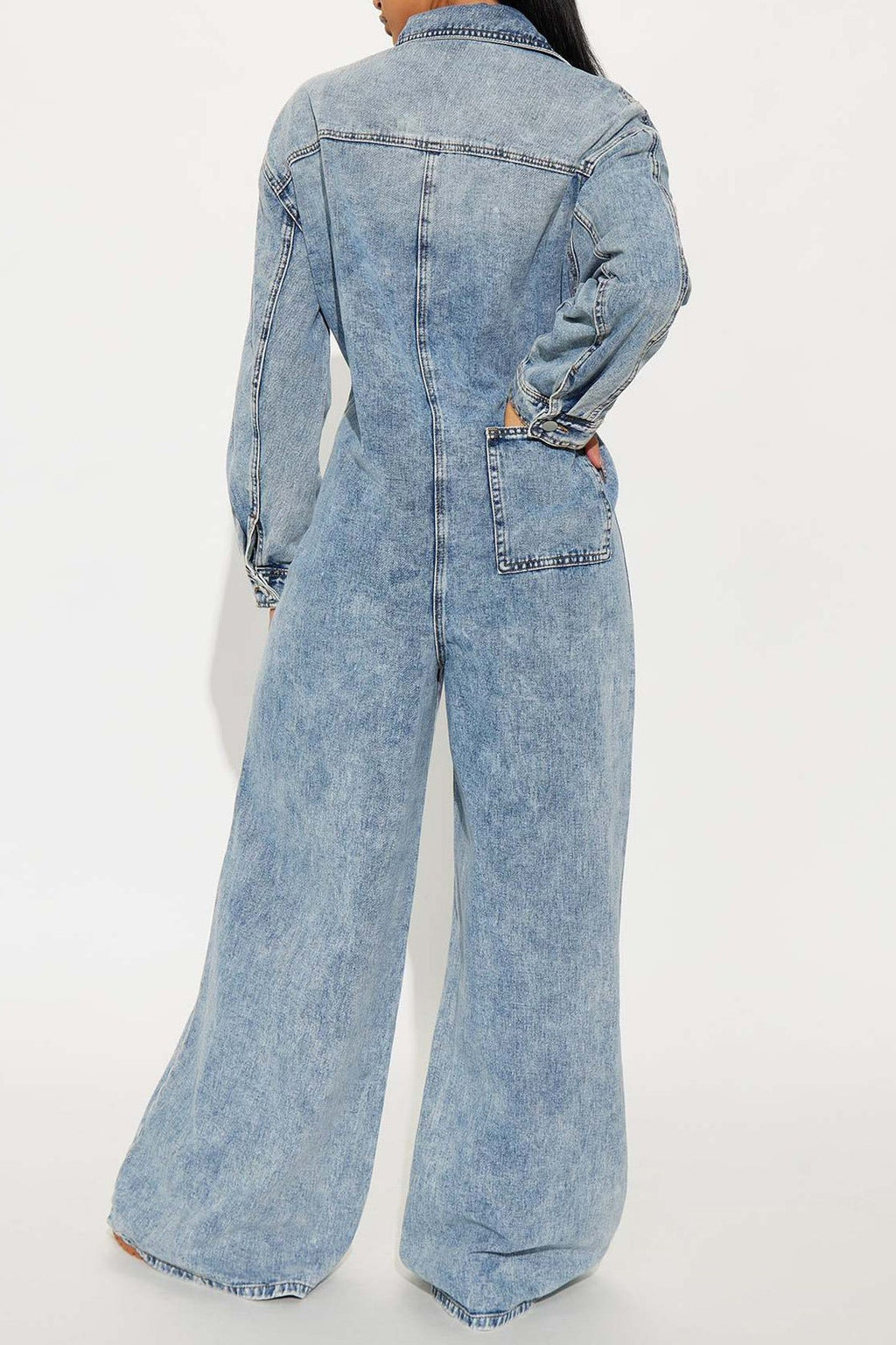Slim Fit Long Sleeve Washed Denim Jumpsuit LavishDaily