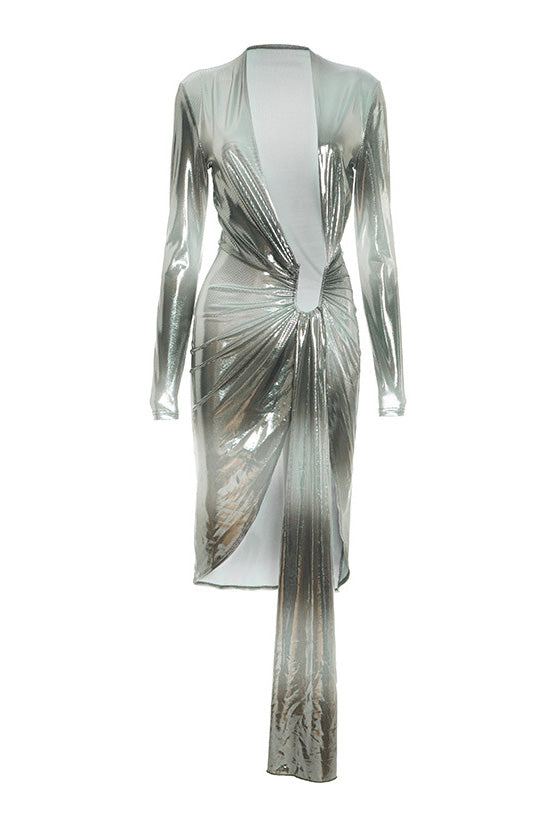 Deep V-Neck Ruched Long Sleeve Maxi Dress Lavish Daily