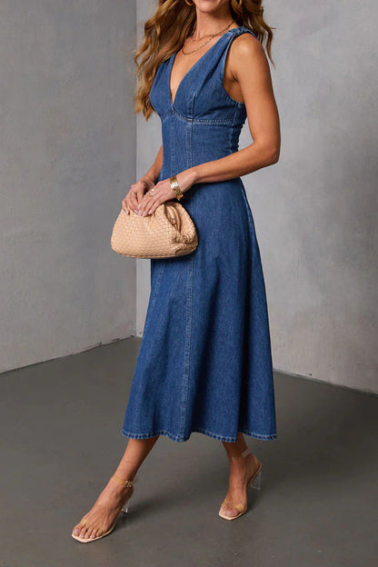 Plunge V-Neck Corset Denim Midi Dress Lavish Daily