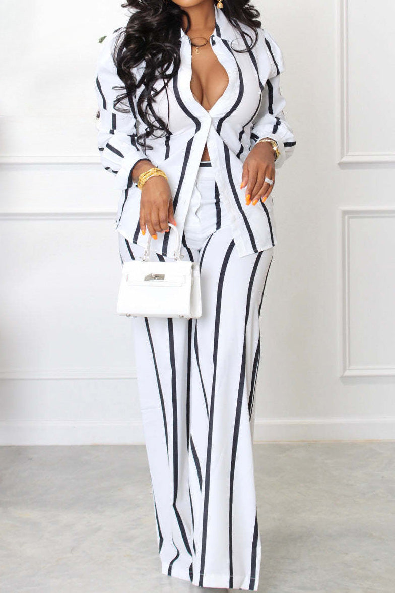 Long Sleeve Loose Printed Striped Shirt Set Lavish Daily