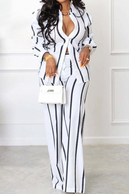 Long Sleeve Loose Printed Striped Shirt Set Lavish Daily