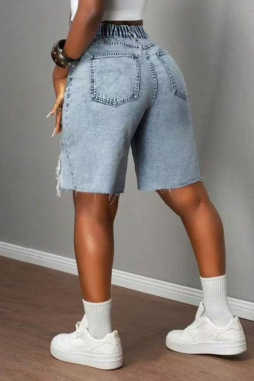 Rhinestone Distressed Denim Bermuda Shorts Lavish Daily