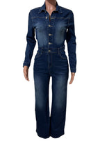 Stretch Flare Long Sleeve Denim Jumpsuit Lavish Daily