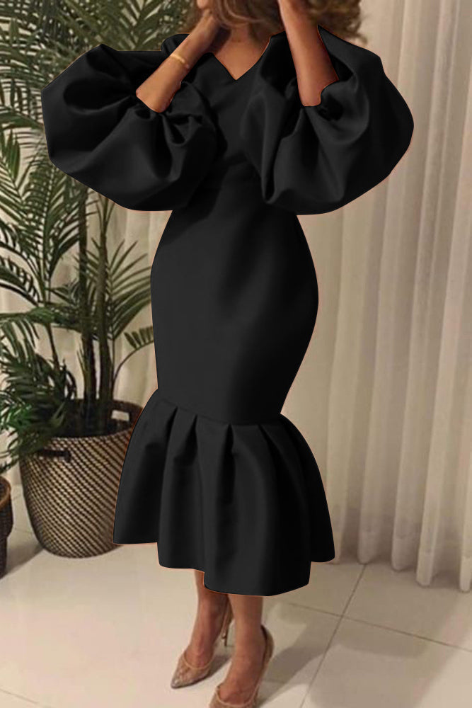 Plus Size Solid Color Puff Sleeve Flounce Dress Lavish Daily