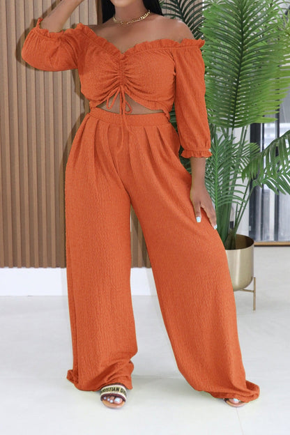 Textured Off-Shoulder Ruched Top & Wide Leg Pants Set Lavish Daily