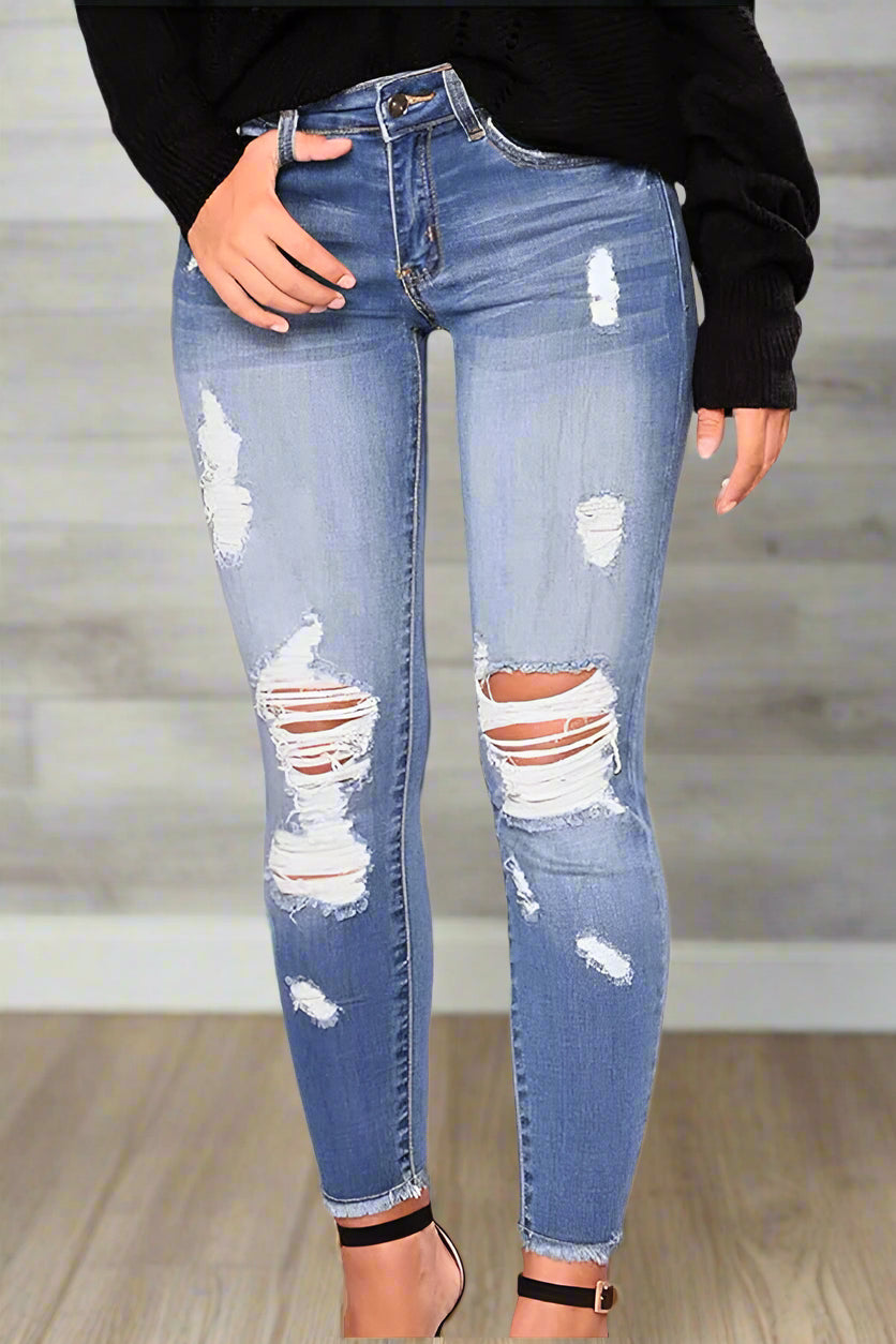High Waist Stretch Ripped Jeans - Skinny Fit Lavish Daily