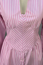 Striped V-Neck Corset-Waist Mini Shirt Dress Lavish Daily