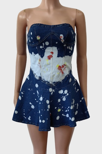 Strapless Print Ruffle Hem Short Denim Dress Lavish Daily