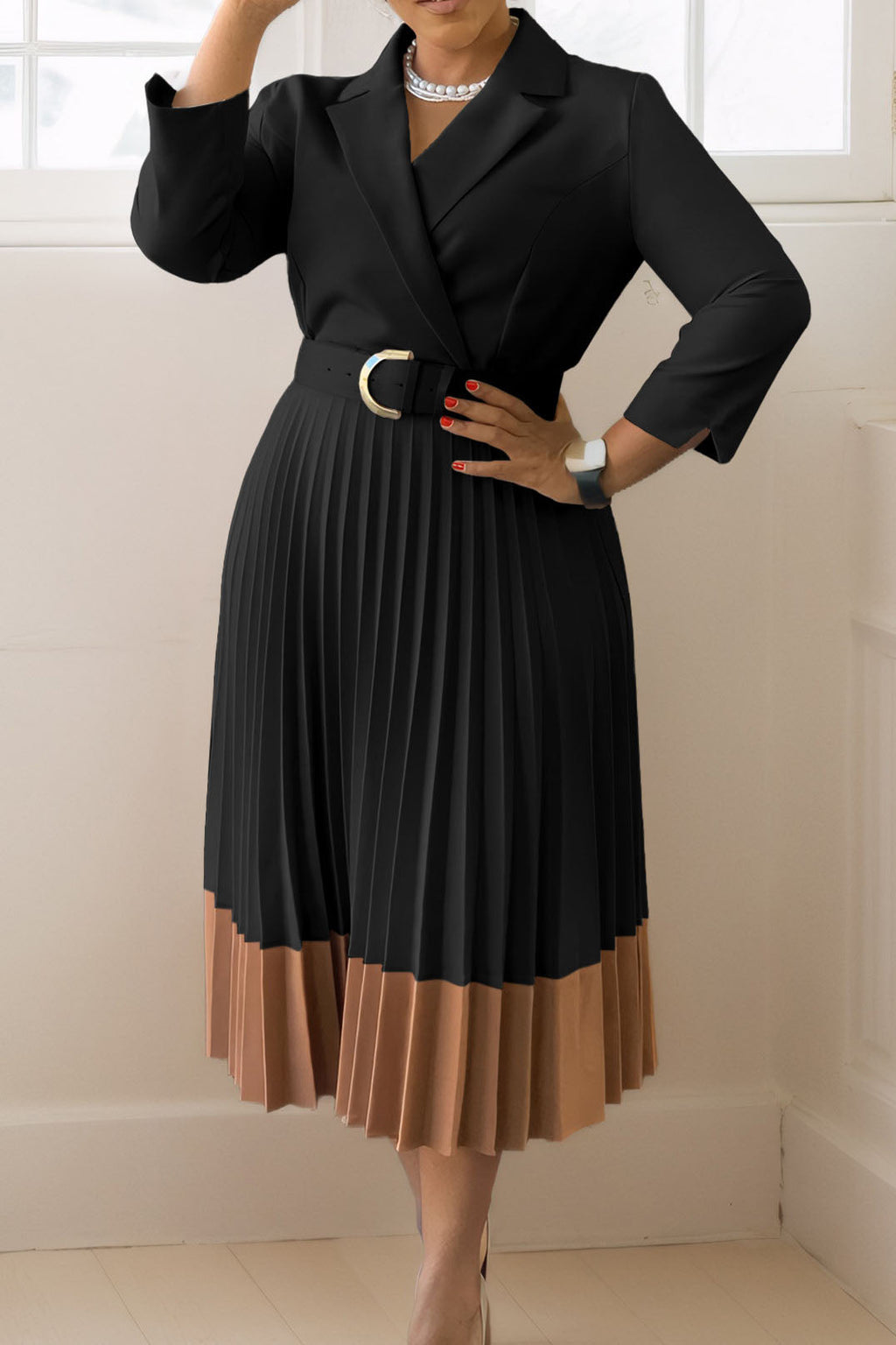 Two-Tone Belted Pleated Dress Lavish Daily
