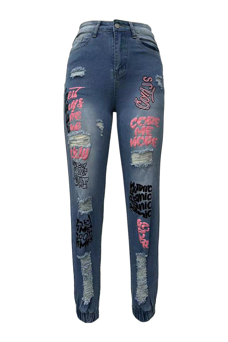 Letter Print Ripped Jeans Lavish Daily