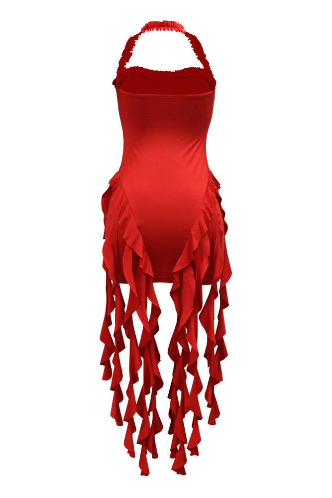 Ruffle Trim Halter Backless Fringe Dress Lavish Daily