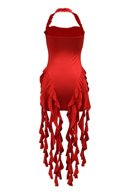 Ruffle Trim Halter Backless Fringe Dress Lavish Daily