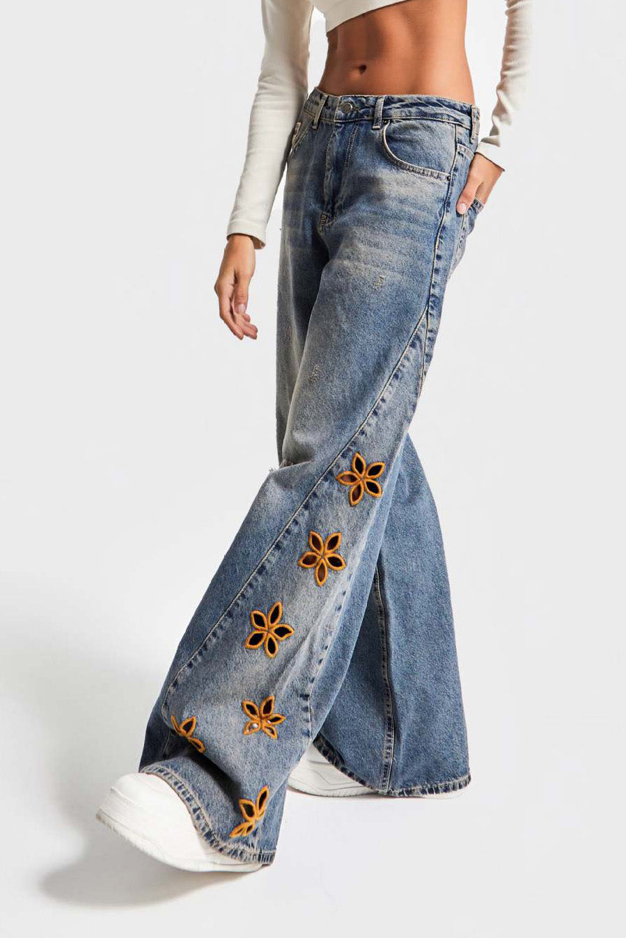 Wide Leg Floral Embroidered Denim Jeans Lavish Daily