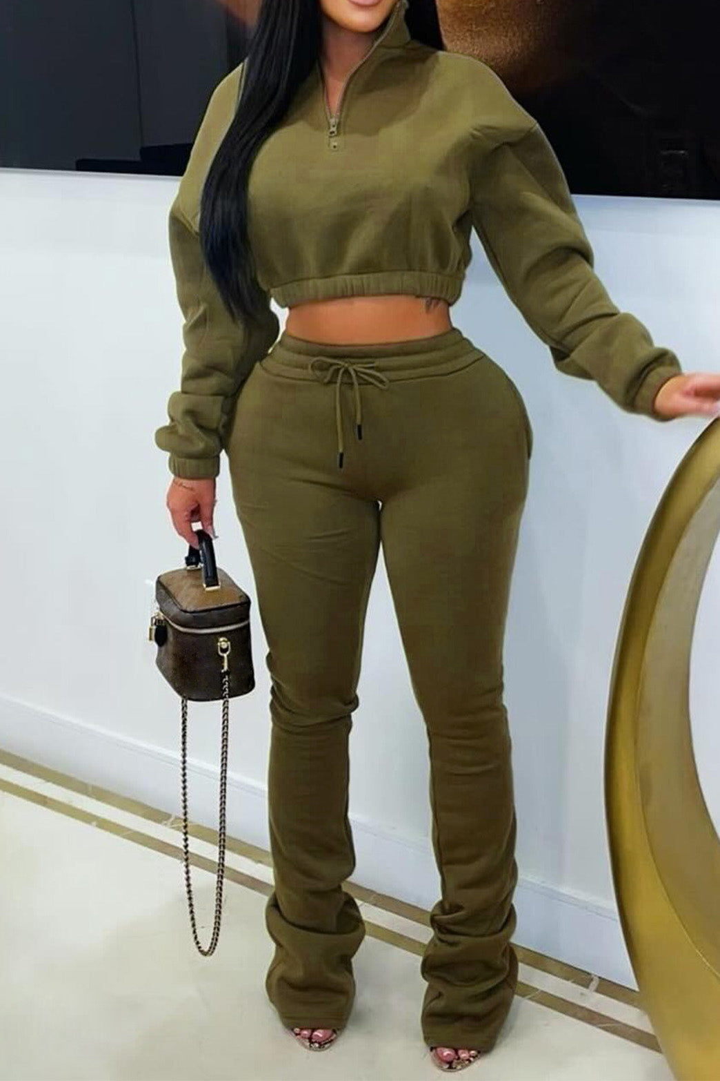 Fleece Crop Top and Flare Pants Set Lavish Daily