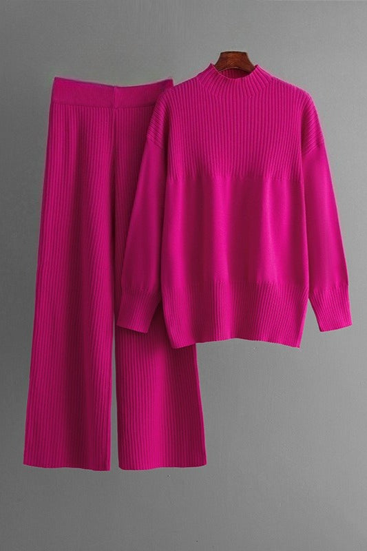 Loose Knit Top and Wide Leg Pants Set Lavish Daily