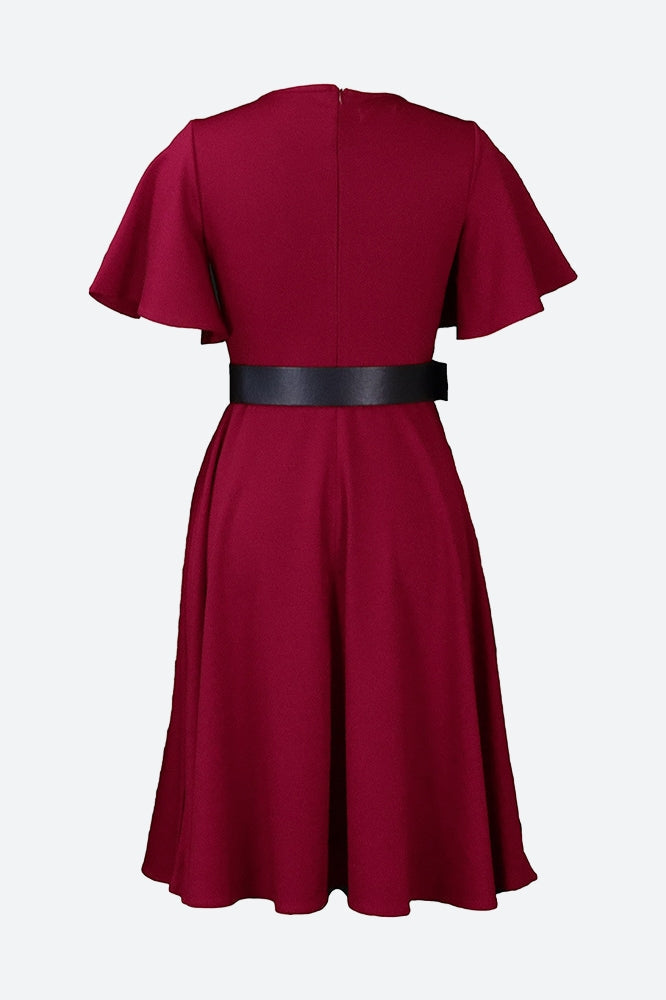 Bell Sleeve Solid Color Belt Dress Lavish Daily