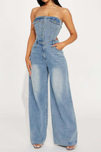 Strapless Slim Top Wide-Leg Denim Jumpsuit Lavish Daily