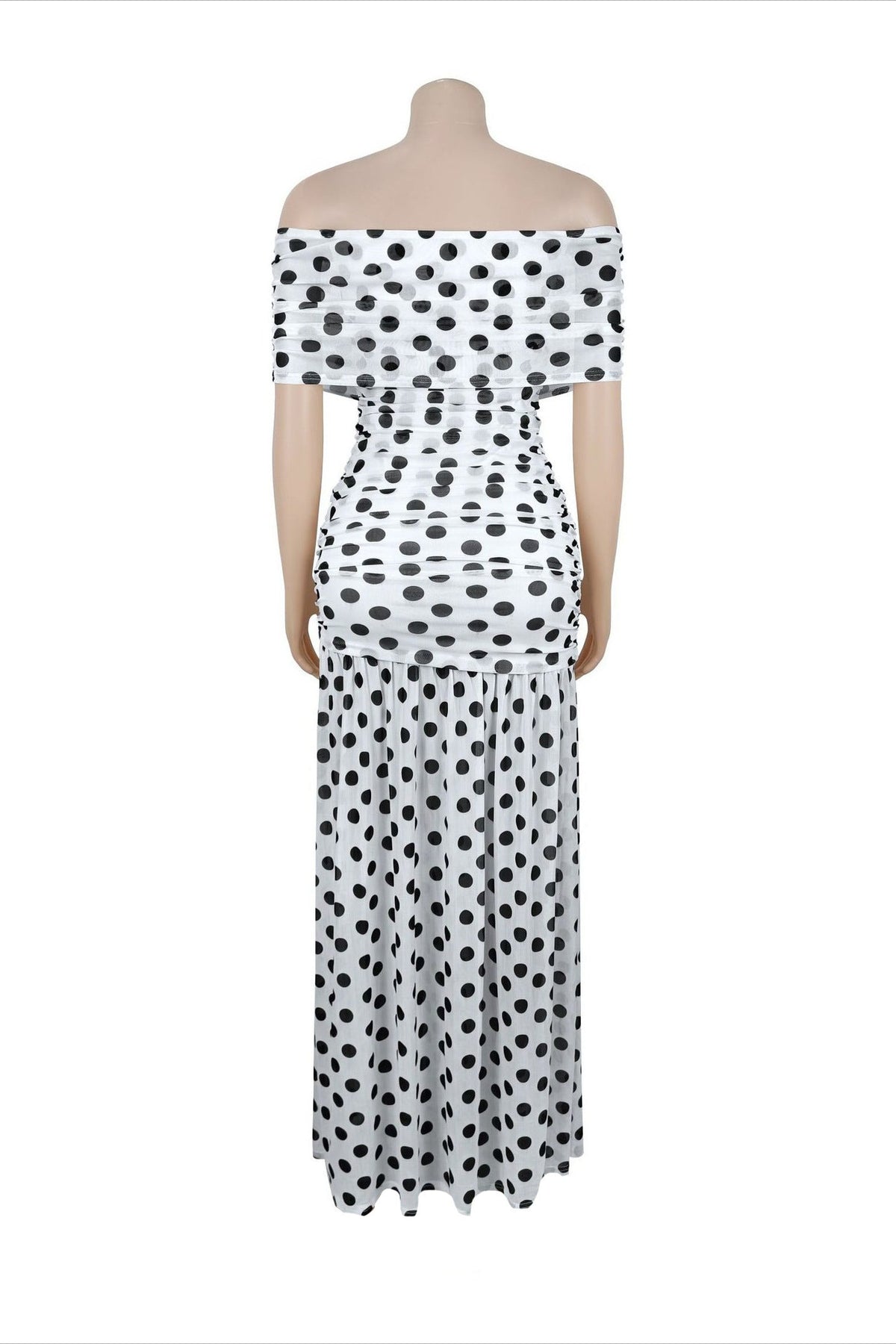 Off-Shoulder Polka Dot Ruched Maxi Dress Lavish Daily