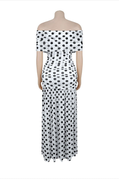 Off-Shoulder Polka Dot Ruched Maxi Dress Lavish Daily